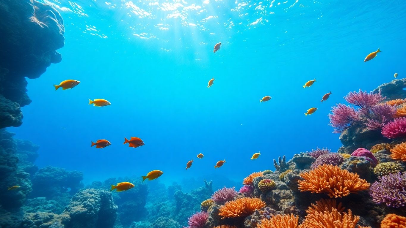 色彩斑斓的水下场景，鱼群和珊瑚礁。